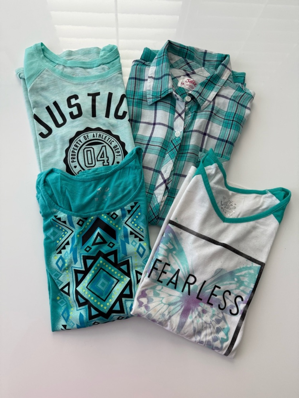 Justice Girls Teal & White Graphic Tops - 4-Pack